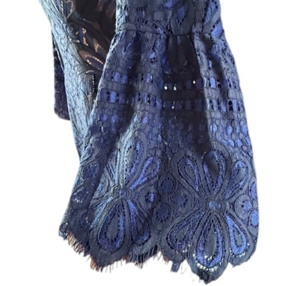 ELIZA J Reverie Navy Blue Nude Lined Lace Dress Bell Sleeves Fit Flare Size 8 - Picture 8 of 16